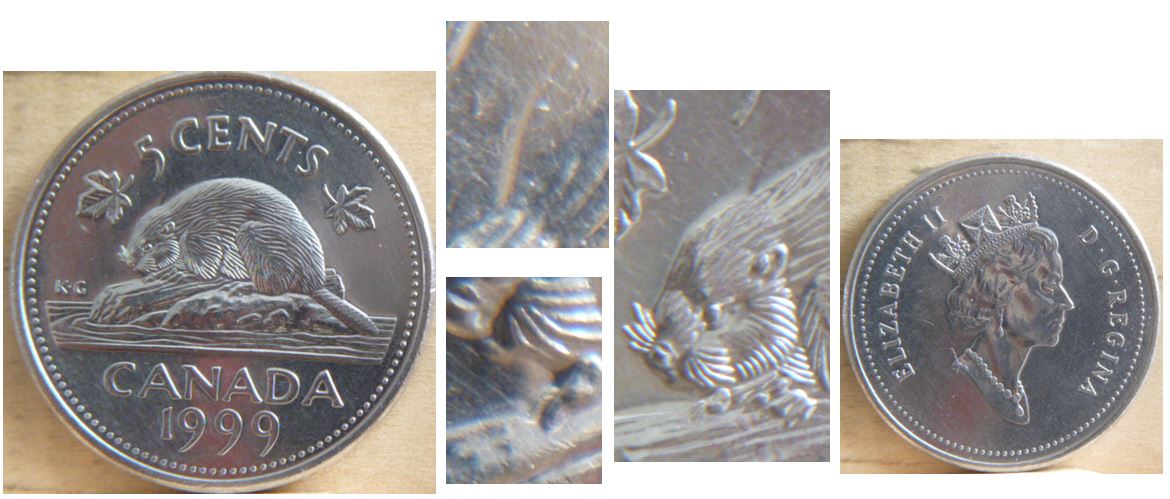 5 Cents 1999 - Entrechoqué à la bouche & au dessus tête castor-3.JPG