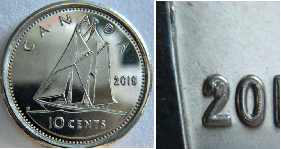 10 Cents 2019-Éclat du coin dans le 2+Coin obturé sur cou de effigie-1.JPG