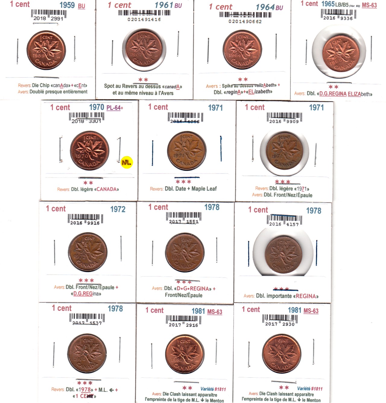 À Vendre - Lot 13x1c avec Erreurs 1959-1981 - Revers.jpg
