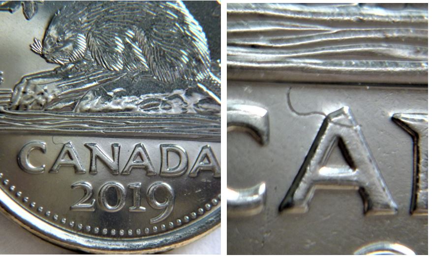 5 Cents 2919-Frappe a travers  fils sur premier A de cAnada.JPG