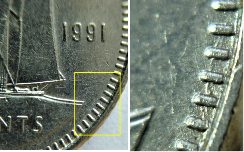 10 Cents 1991-Dommage du coin entre les denticules coté revers..JPG
