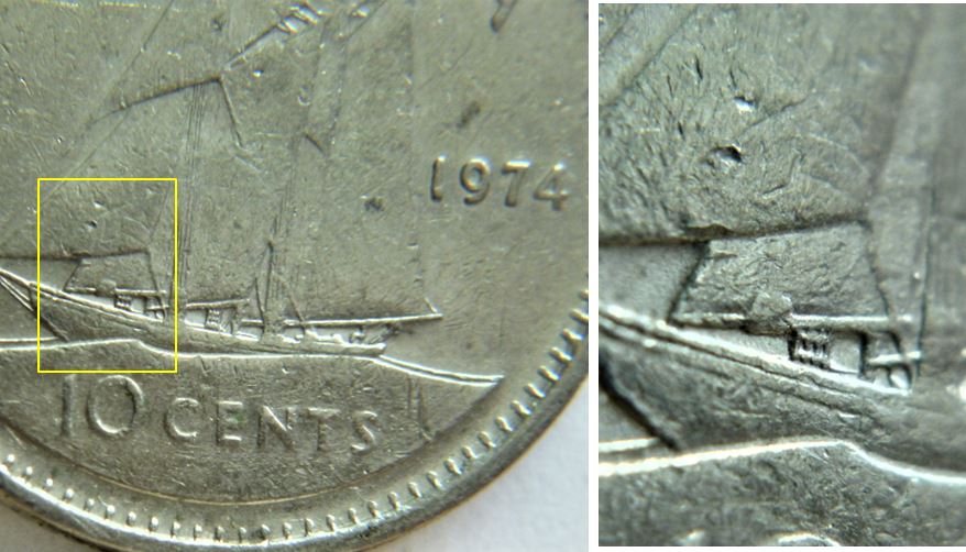 10 Cents 1974-Éclat du coin sur la deusième voiles.JPG