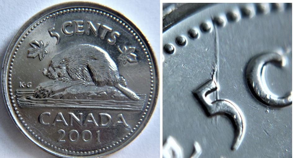 5 cents 2001-Dommage du coin a travers le 5 de 5 Cents-1.JPG