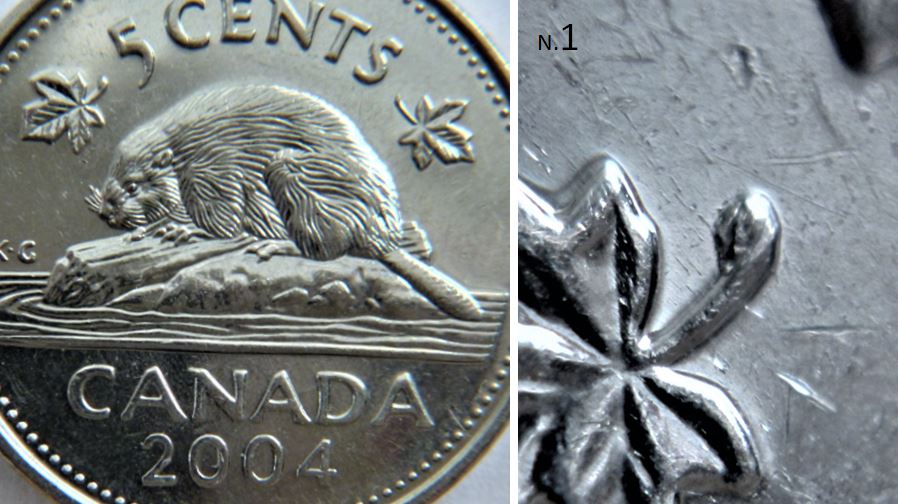 5 Cents 2004 -Éclat coin sur 2004 et la tige feuille gauche-1.JPG