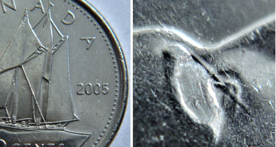 10 Cents 2005-Dommage du coin a travers l'oeil de l'effigie.1.JPG