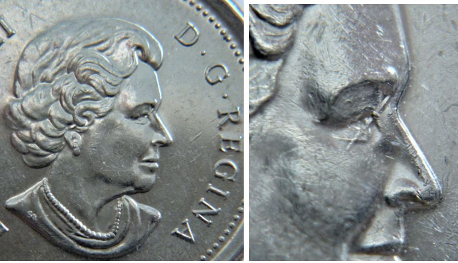 10 Cents 2005-Dommage du coin a travers l'oeil de l'effigie-3.JPG