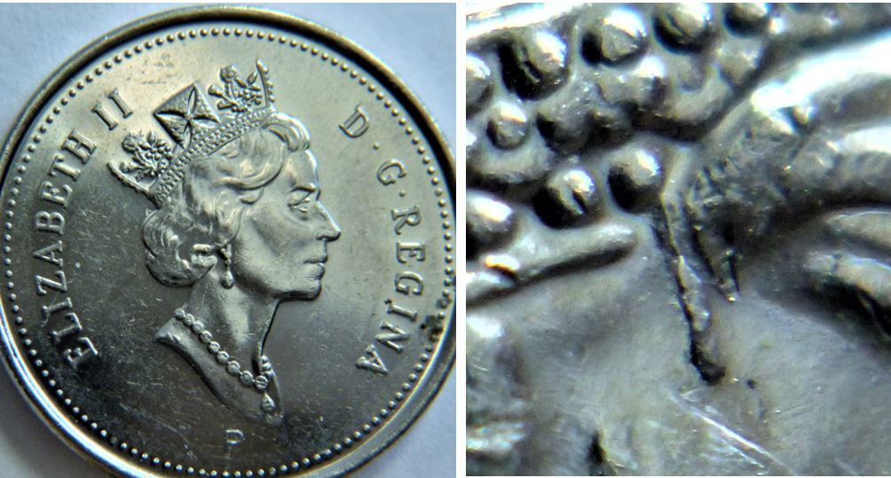 5 Cents 2001-Éclat coin attaché au perle de la couronne.2.JPG