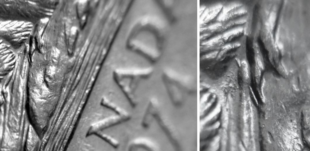 5 Cents 1974-Dommage du coin-Épine de planté dans la buche sous abdomen-1.JPG