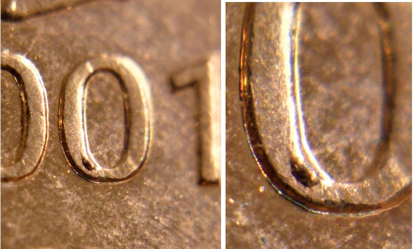 1 Cent 2001-Éclat sur deuxième 0+Dommage du coin sur effigie-3.JPG