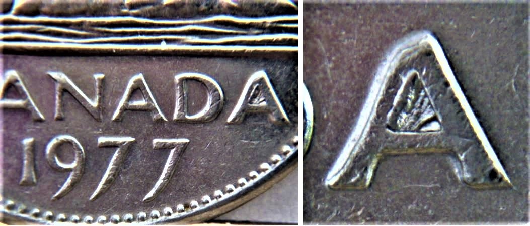 5 Cents 1977-Le dernier A de canadA bouché- Éclat du Coin -3.JPG