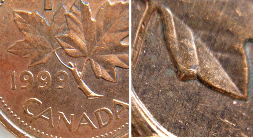 1 Cent 1999-Éclat coin a la feuille droite.JPG