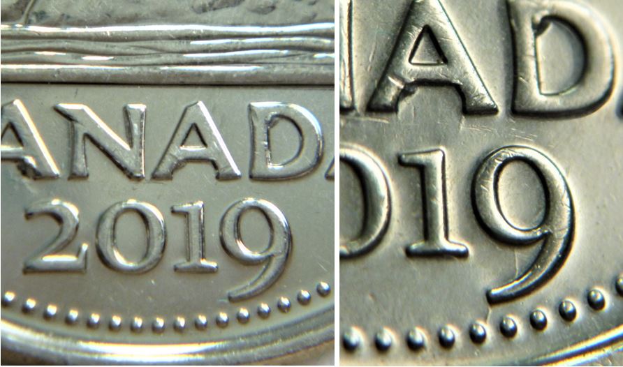 5 Cents 2019-Éclat coin sous A A et dans le D+Coin fendillé dans 9 -1.JPG
