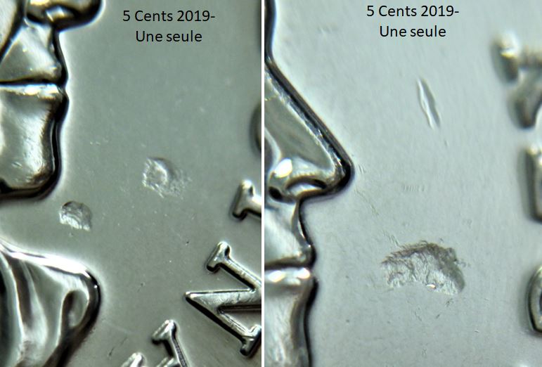 5 Cents 2019-Frappe à travers du coté avers de différente 2019-1.JPG