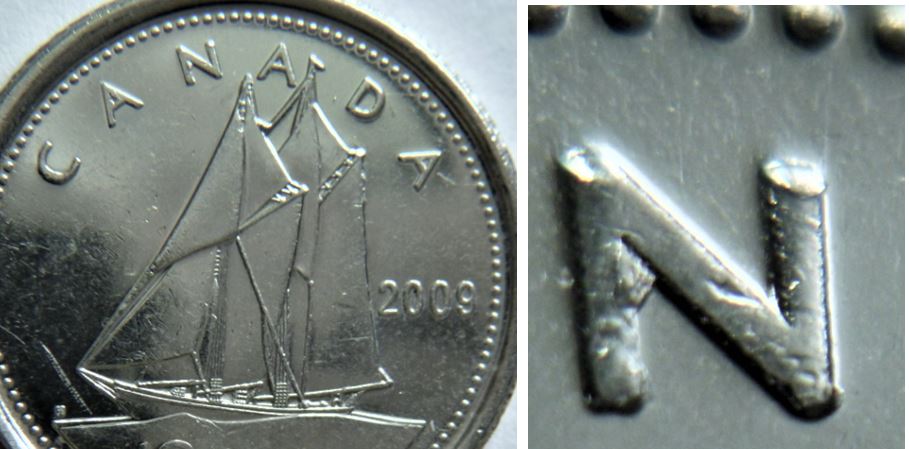 10 Cents 2009-Accumulation sur revers- le premier A cANada bouché-1.JPG