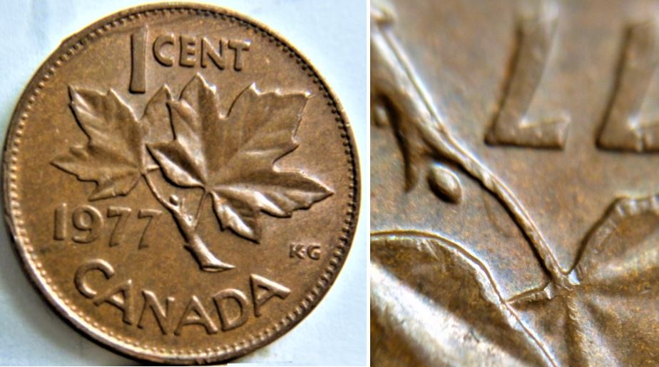 1 Cent 1977-Entrechoquéau dessus de la date +Défaut de flan au revers-1.JPG