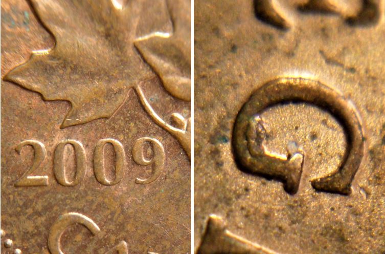 1 Cent 2009-Éclat coin dans G de reGina-1.JPG