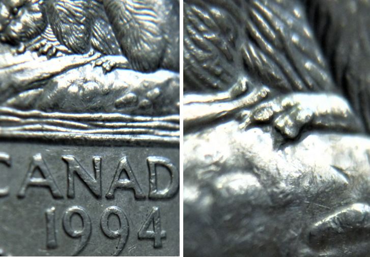 5 Cents 1994-Griffe additionnel-Éclat du coin patte arrière-1.JPG