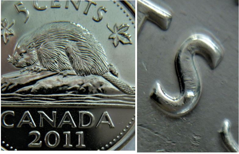 5 Cents 2011-Éclat du coin sur les 3 A de cAnADA+le S de centS-1.JPG