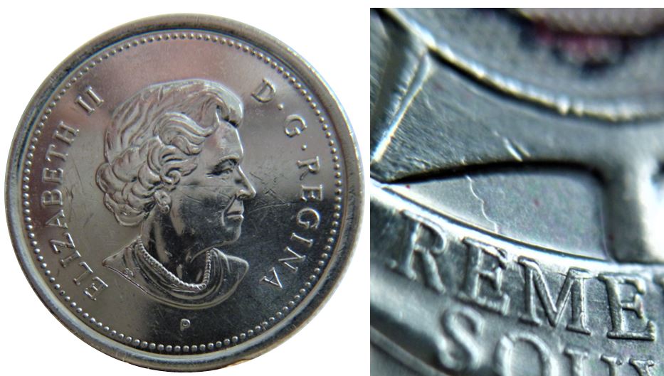 25 cents 2004p Coquelicot -Coin fendillé sur ME de reMEmber+ Dommage par poinçon-2.JPG