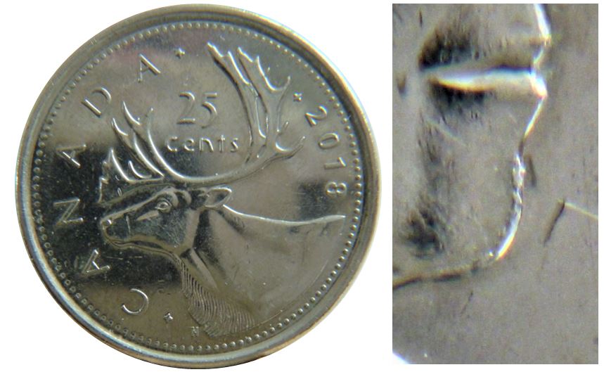 25 Cents 2018-Accumulation au menton effigie-Éclat coin à la tête A de reginA-1.JPG