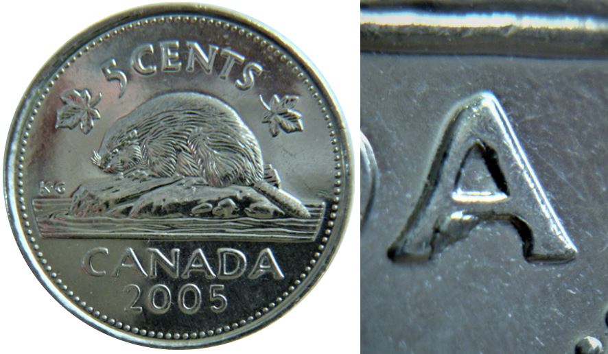 5 Cents 2005-Éclat coin sous A de canadA-Éclat+Coin fendillé au tour C de Cents-,1.JPG