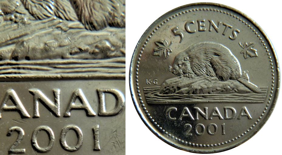 5 Cents 2001-Griffe extra-Éclat coin patte arrière-1.JPG