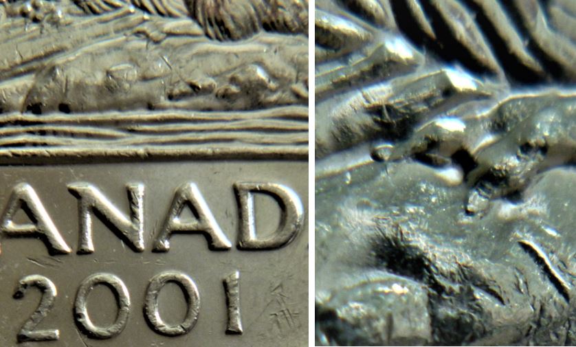 5 Cents 2001-Griffe extra-Éclat coin patte arrière-2.JPG