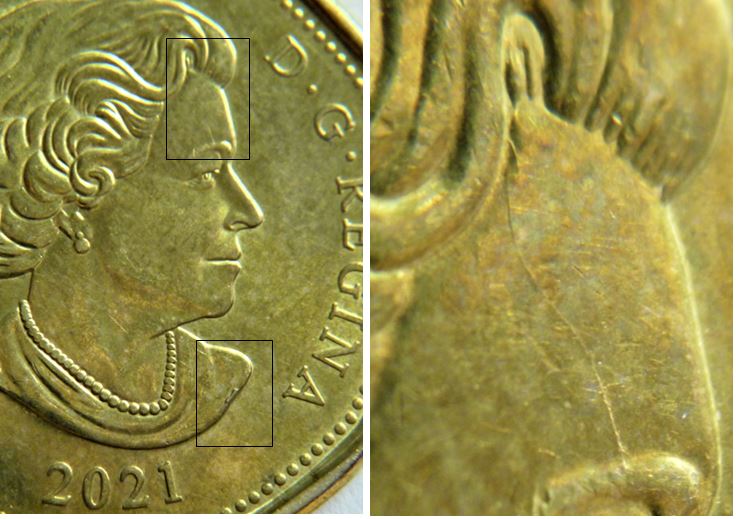 1 Dollar 2021-Coin fendillé sur le frond-Éclat coin le bas de effigie-1.JPG