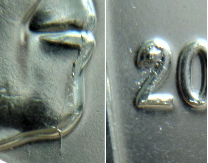 10 Cents 2020-Éclat coin dans le 2-Frappe à travers devant la bouche-Menton fendillé-5.JPG