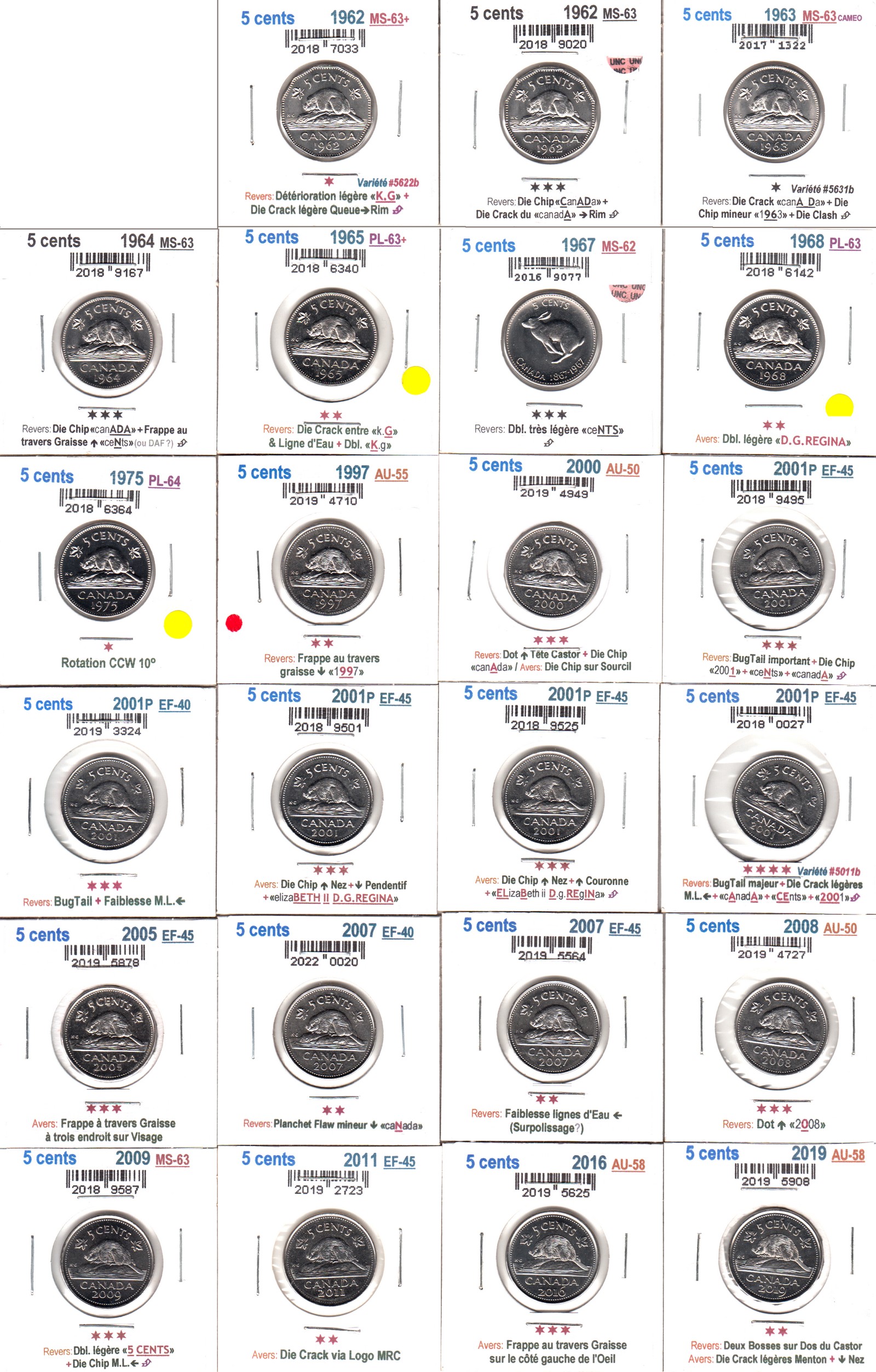 À Vendre - Lot 2 - 23 x 5c 1962-2019 avec Erreurs - Face.jpg