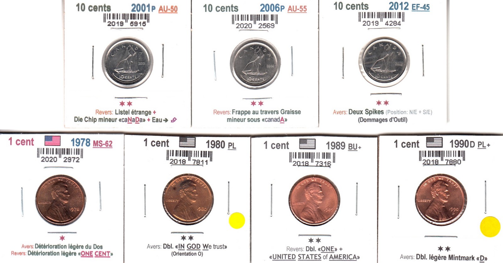 À Vendre - Lot 3 - 7 x 10c & USA 1c avec Erreurs - Front.jpg
