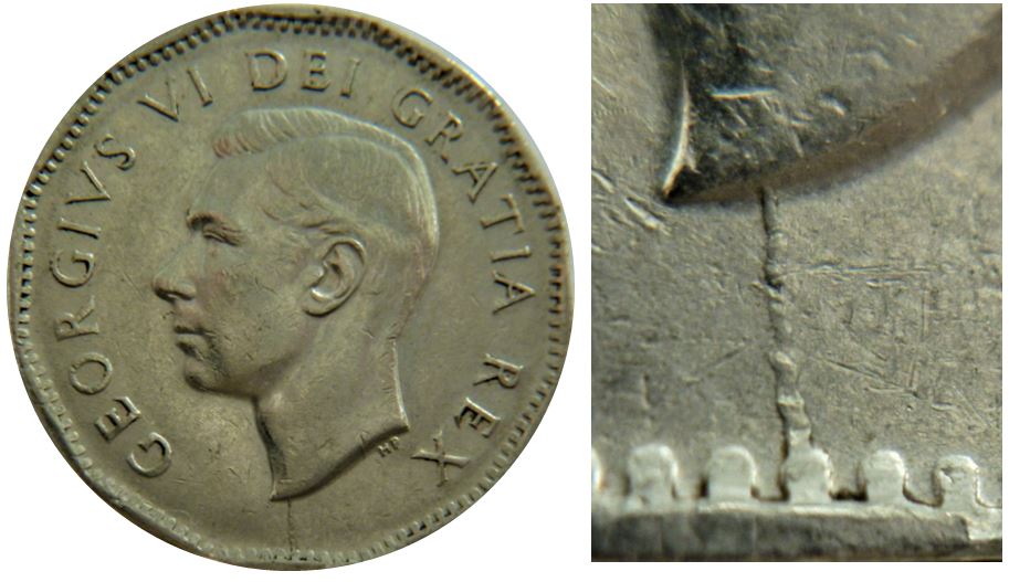 5 Cents 1951 Comm.-Dommage du coin devant K de nicKel-Coin fendillé sous effigie-2.JPG