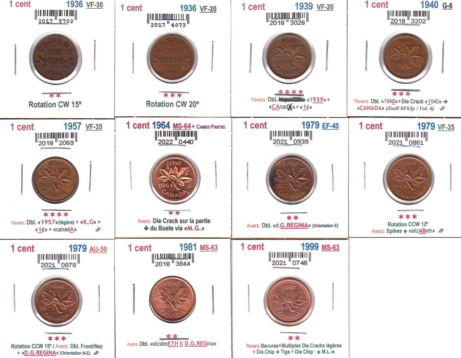 À Vendre - Lot 11 x 1c 1936-1999 avec Erreurs - 1 - Face (2022-10).jpg