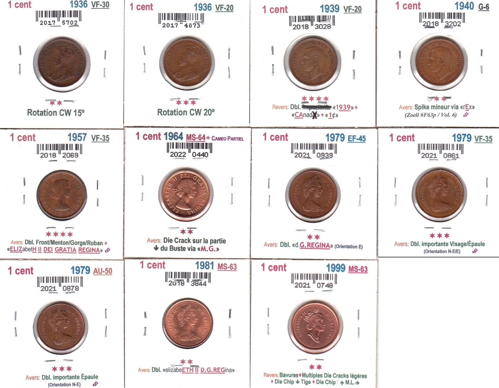 À Vendre - Lot 11 x 1c 1936-1999 avec Erreurs - 2 - Back (2022-10).jpg
