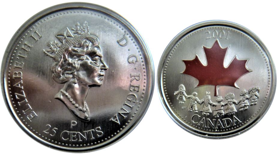 25 cents 2001P Pièce de monnaie canadienne de couleur  feuille-Éclat près de effigie-1.JPG