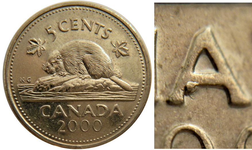 5 Cents 2000-Éclat coin sous le A de canAda-1.JPG
