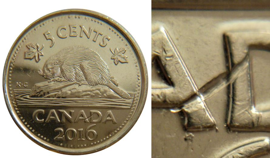 5 Cents 2016-Frappe à travers une limasse sur AD de canADa.JPG