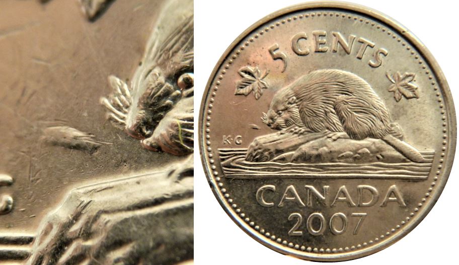 5 Cents 2007-Défaut de laminage devant le castor-1.JPG