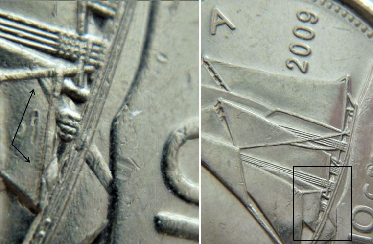 10 Cents 2009-Large dommage sur le voilier et la voile et un éclat coin se cacher sous la voile-5.JPG