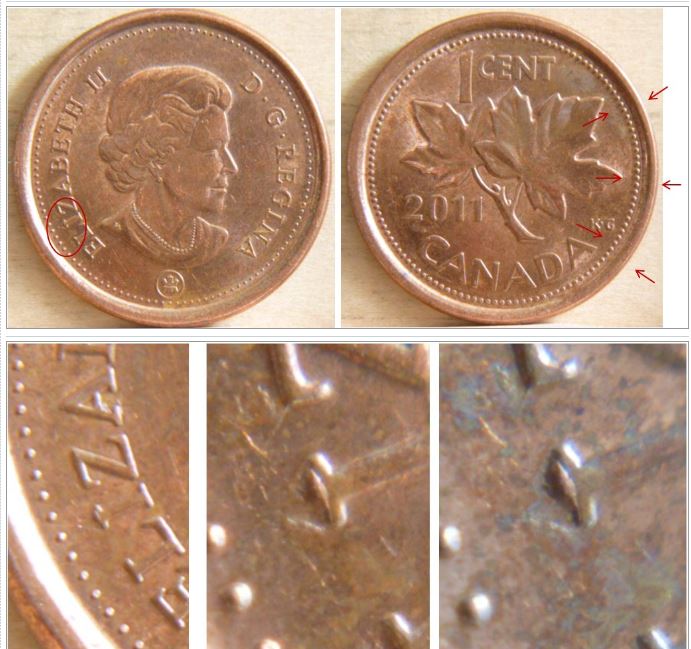 1 Cent 2011 M- Désaligné- Éclat de coin sur I  elIzabeth-1.JPG