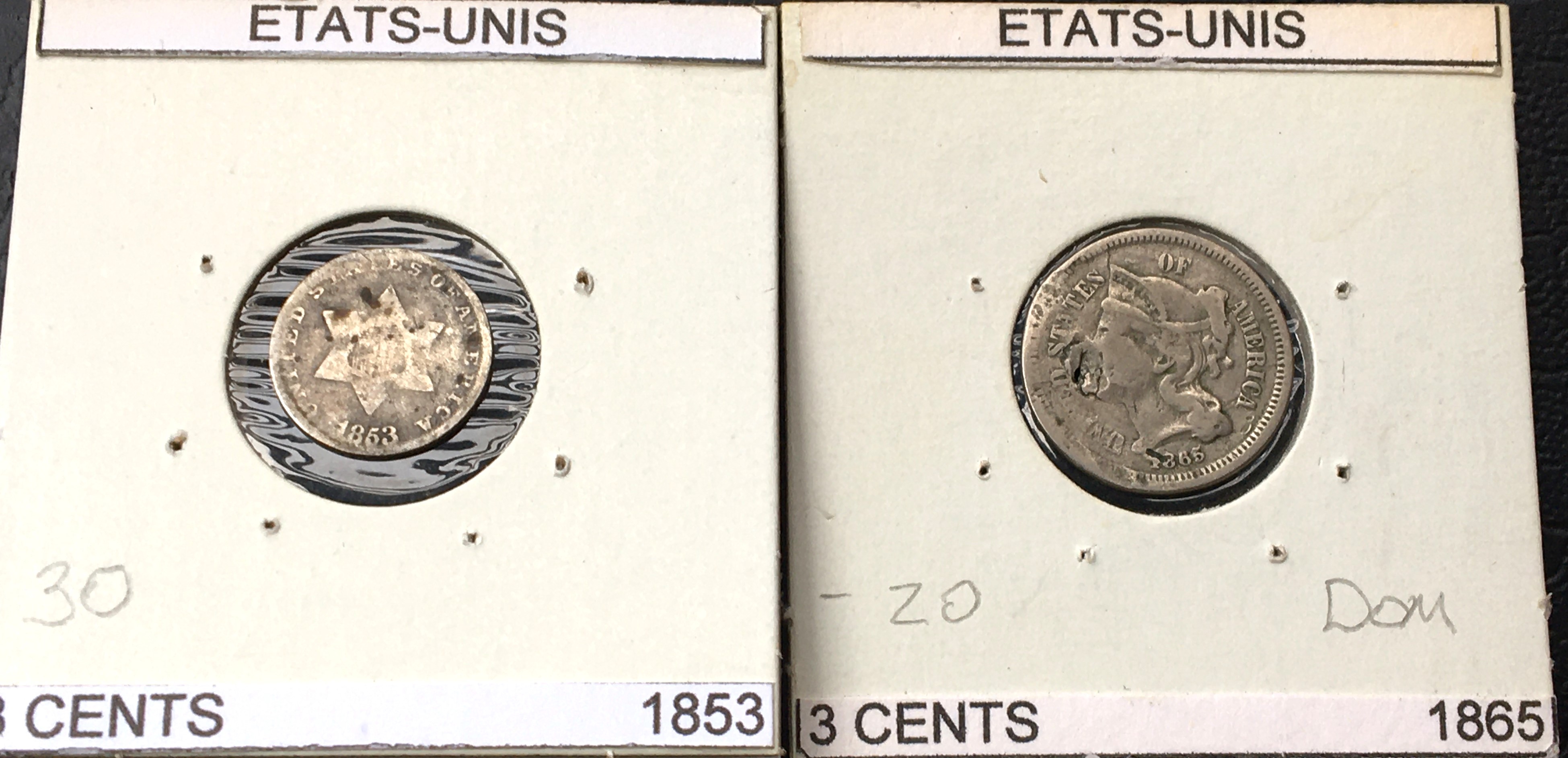 3 cents 1853 et 1865.JPG