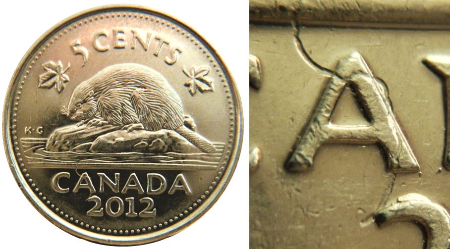 5 Cents 2012-Éclat coin sur 2-Frappe à travers fils sur A de cAnada-,1.JPG