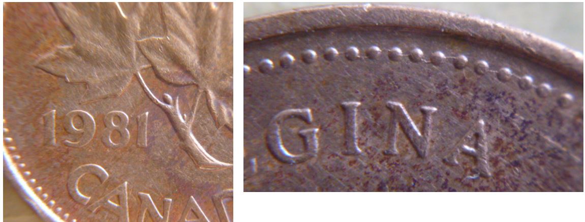 1 Cent 1981- Perles attaché au dessus regina-coin fendillé-1.JPG