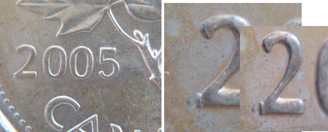 1 Cent 2005- Éclat de coin devant 2 de 2005.JPG