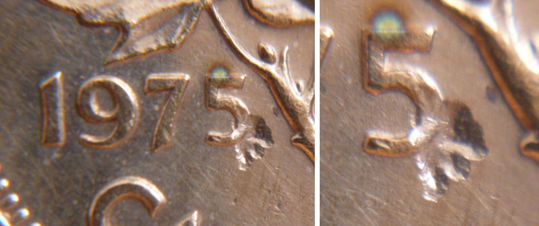 1 Cent 1975-Frappe a travers -sur 5 de 1975-Patte d'ours.JPG