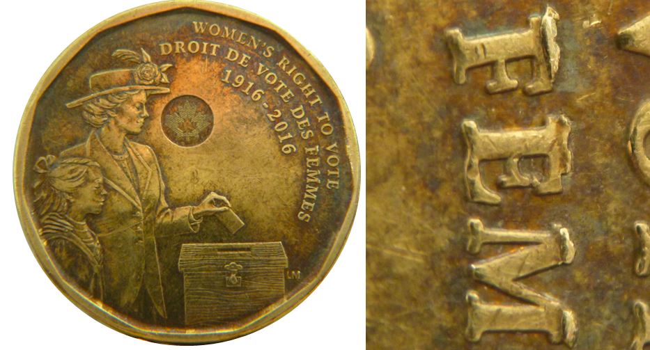 1 Dollar 1916-2016 Droit de vote-Éclat coin dans O vOte-FEMme -Z de eliZabeth-1.JPG
