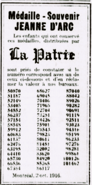 La Patrie - Lundi le 2 octobre 1916 - Numéros gagnants.png
