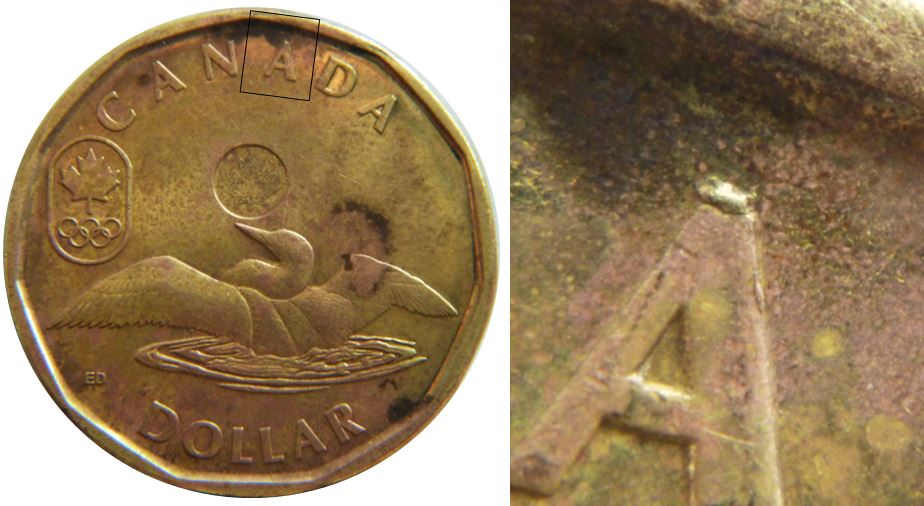 1 Dollar 2012 Porte -bonheur-Éclat coin sur A de canAda-2.JPG