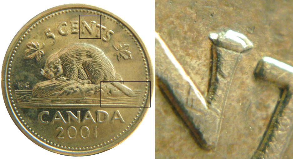 5 Cents 2001-Éclat coin sur N de ceNts et coin fendillé sur queue du castor-1,.JPG