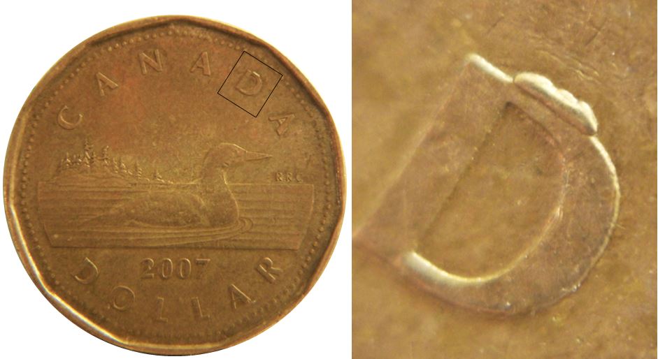 1 Dollar 2007-Éclat coin sur D de canaDa-1.JPG